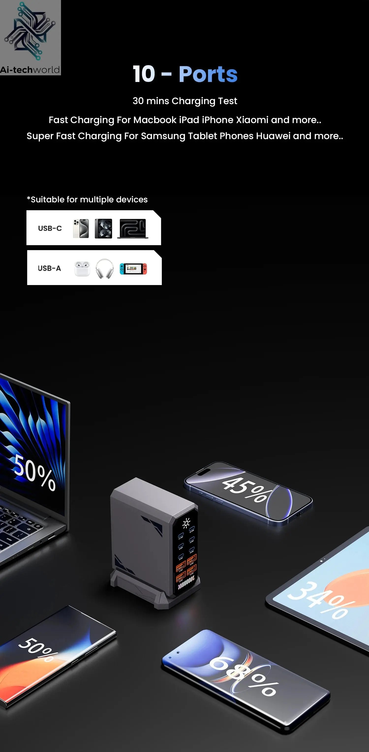 660W GaN USB Charger Station 10 Port Desktop Fast USB Type C Charger 140W PD3.1 PPS Quick Charger For Macbook iPhone 16 Samsung Ai-TechWorld 