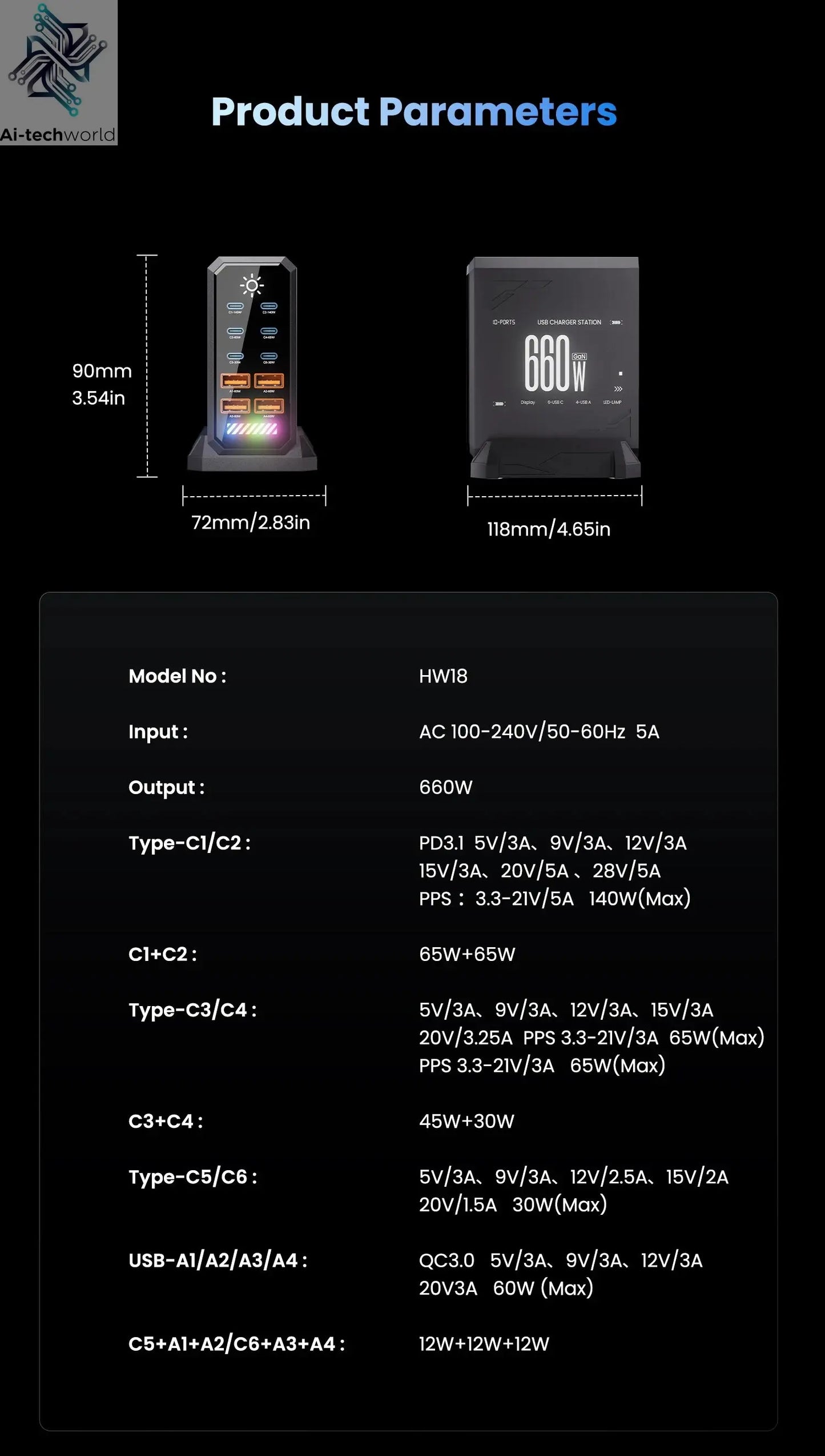 660W GaN USB Charger Station 10 Port Desktop Fast USB Type C Charger 140W PD3.1 PPS Quick Charger For Macbook iPhone 16 Samsung Ai-TechWorld 
