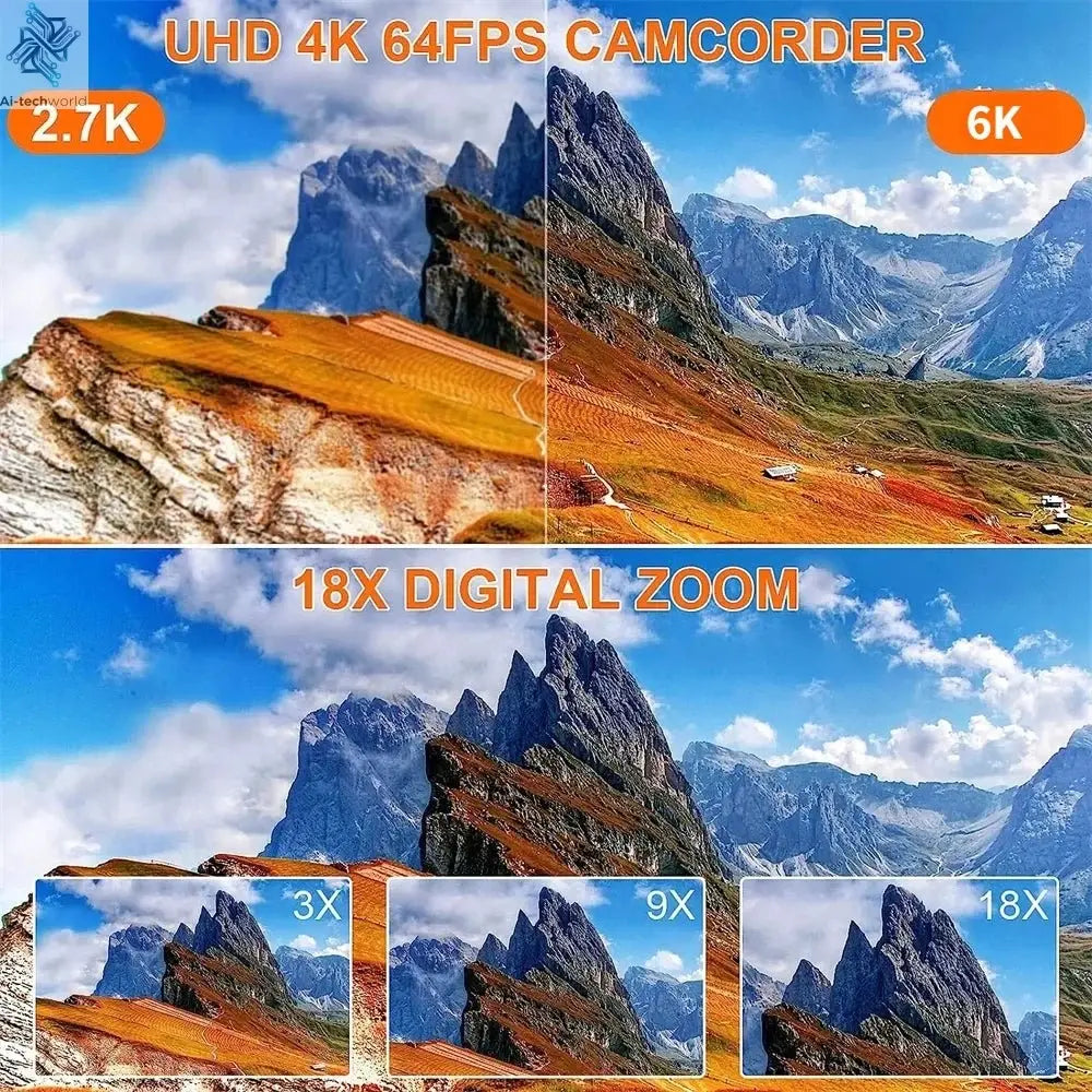 6K Ultra HD Professional Video Cameras for Photography 18X Digital Zoom YouTube Live Streaming Camcorders 64MP Vlogging Recorder Ai-TechWorld