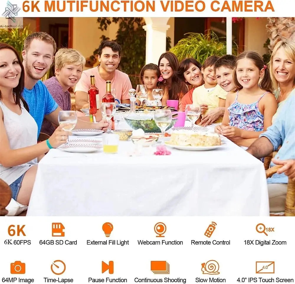 6K Ultra HD Professional Video Cameras for Photography 18X Digital Zoom YouTube Live Streaming Camcorders 64MP Vlogging Recorder Ai-TechWorld