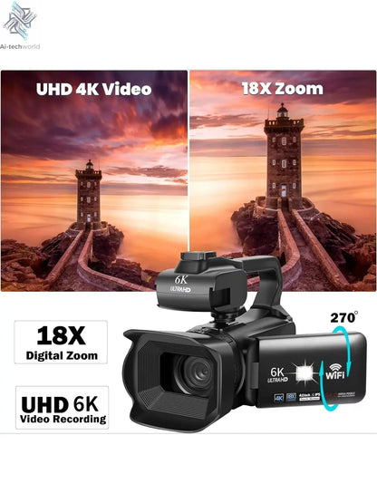 6K Ultra HD Professional Video Cameras for Photography 18X Digital Zoom YouTube Live Streaming Camcorders 64MP Vlogging Recorder Ai-TechWorld