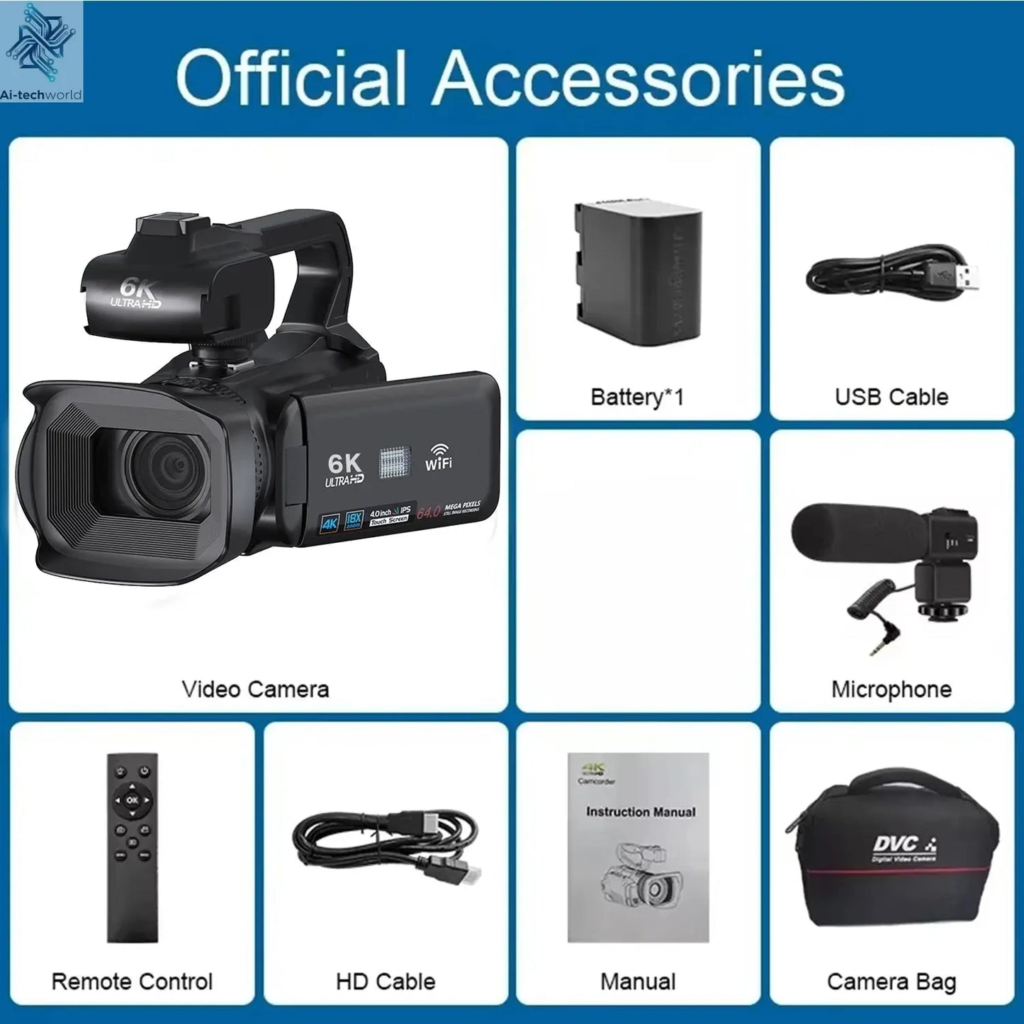 6K Ultra HD Professional Video Cameras for Photography 18X Digital Zoom YouTube Live Streaming Camcorders 64MP Vlogging Recorder Ai-TechWorld