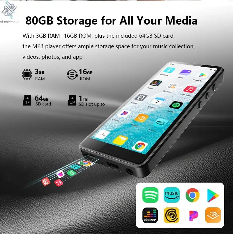 80GB(16GB+64GB) 3.99 inch mp3 player bluetooth 5.0 and WiFi,Android 13.0 FM radio, eBooks, ,Spotify,Audible,capacity up to 1Tb Ai-TechWorld 