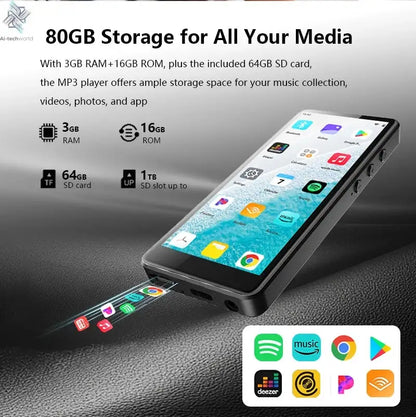 80GB(16GB+64GB) 3.99 inch mp3 player bluetooth 5.0 and WiFi,Android 13.0 FM radio, eBooks, ,Spotify,Audible,capacity up to 1Tb Ai-TechWorld 