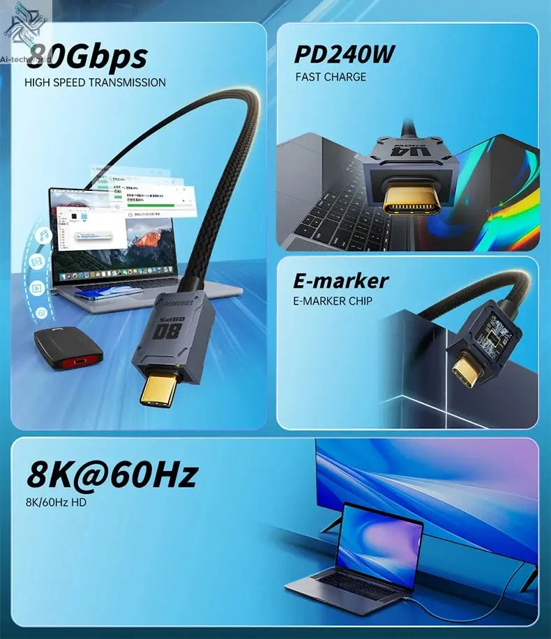 80Gbps USB4 Cable 8K UHD Type C 240W Fast Charging Data Transfer USB C Cable Compatible Thunderbolt 4 For Laptop Mobile Disk - Ai-TechWorld