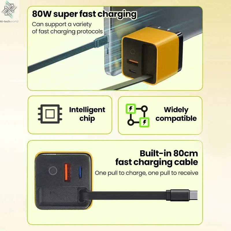 80W Super Fast Charge Type C USB Phone Charger With Telescopic USB C Cable For Iphone 16 15 Samsung Laptop With Light Ai-TechWorld 