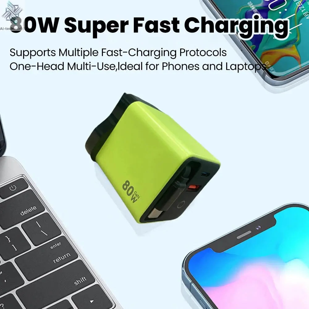 80W Super Fast Charge Type C USB Phone Charger With Telescopic USB C Cable For Iphone 16 15 Samsung Laptop With Light Ai-TechWorld 