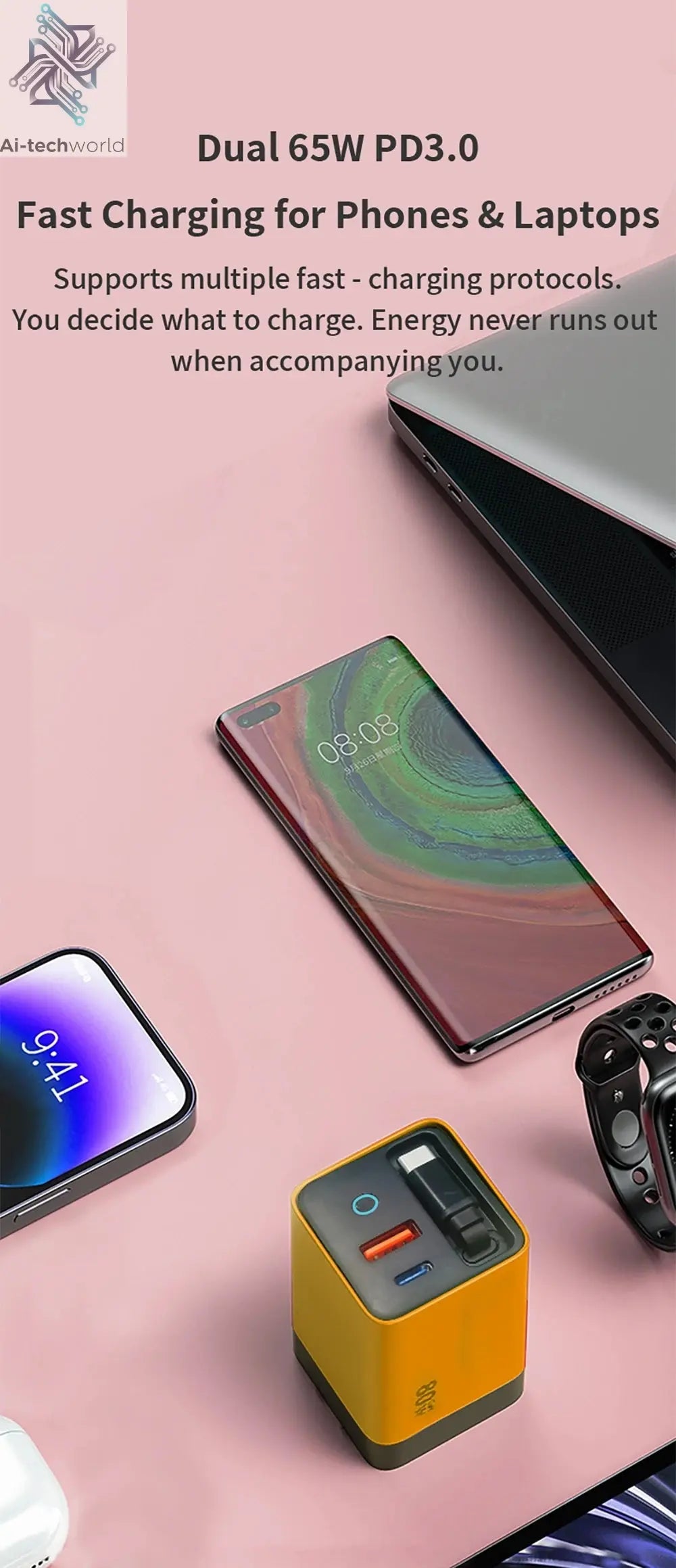 80W Super Fast Charge Type C USB Phone Charger With Telescopic USB C Cable For Iphone 16 15 Samsung Laptop With Light Ai-TechWorld 