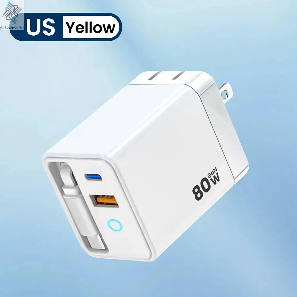 80W Super Fast Charge Type C USB Phone Charger With Telescopic USB C Cable For Iphone 16 15 Samsung Laptop With Light Ai-TechWorld 