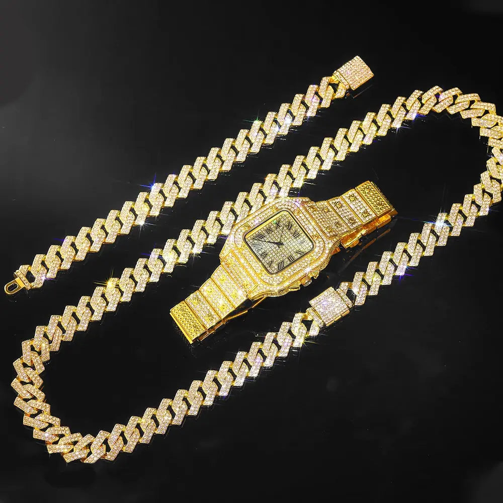 Gold Color Cuban Chain Watch for Men,Hip Hop Miami Curb,Iced Out Paved Rhinestones,Bling Rapper Necklace, Watch+Bracelet Jewelry Ai-TechWorld 
