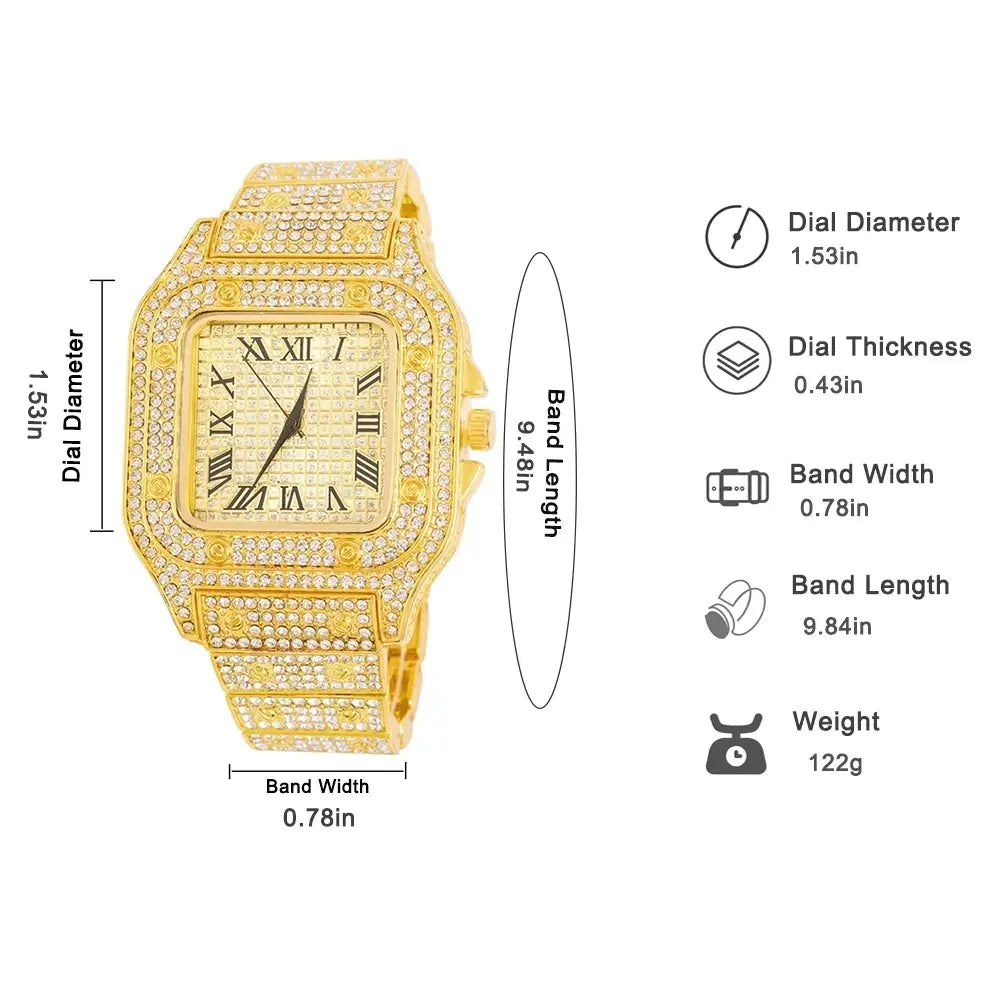 Gold Color Cuban Chain Watch for Men,Hip Hop Miami Curb,Iced Out Paved Rhinestones,Bling Rapper Necklace, Watch+Bracelet Jewelry Ai-TechWorld 
