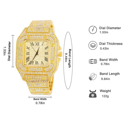 Gold Color Cuban Chain Watch for Men,Hip Hop Miami Curb,Iced Out Paved Rhinestones,Bling Rapper Necklace, Watch+Bracelet Jewelry Ai-TechWorld 