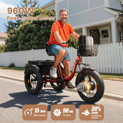 QRONGE Electric Bike for Adults 960W Peak 36V 13.5AH Battery Folding Electric Tricycle 50 Miles Range Fat Tire Electric Trike Ai-TechWorld 
