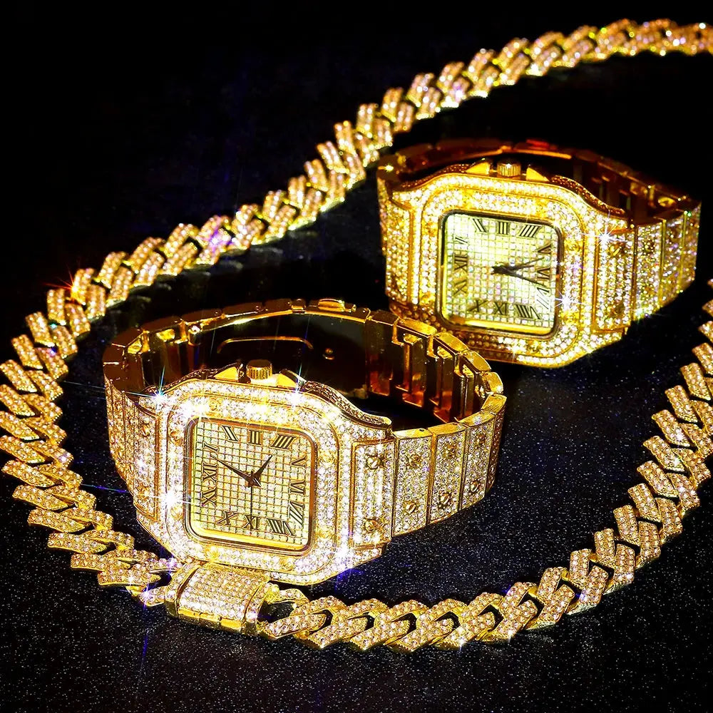 Gold Color Cuban Chain Watch for Men,Hip Hop Miami Curb,Iced Out Paved Rhinestones,Bling Rapper Necklace, Watch+Bracelet Jewelry Ai-TechWorld 