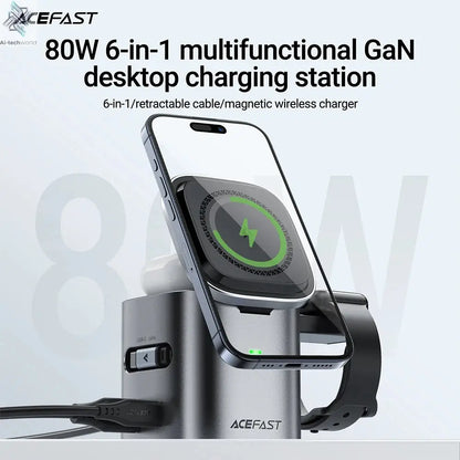 ACEFAST 6 in 1 Multifunction 15W Magnetic Wireless Charging Station For iPhone 16 15 GaN PD65W Charging Cube USB C Fast Charging Ai-TechWorld 