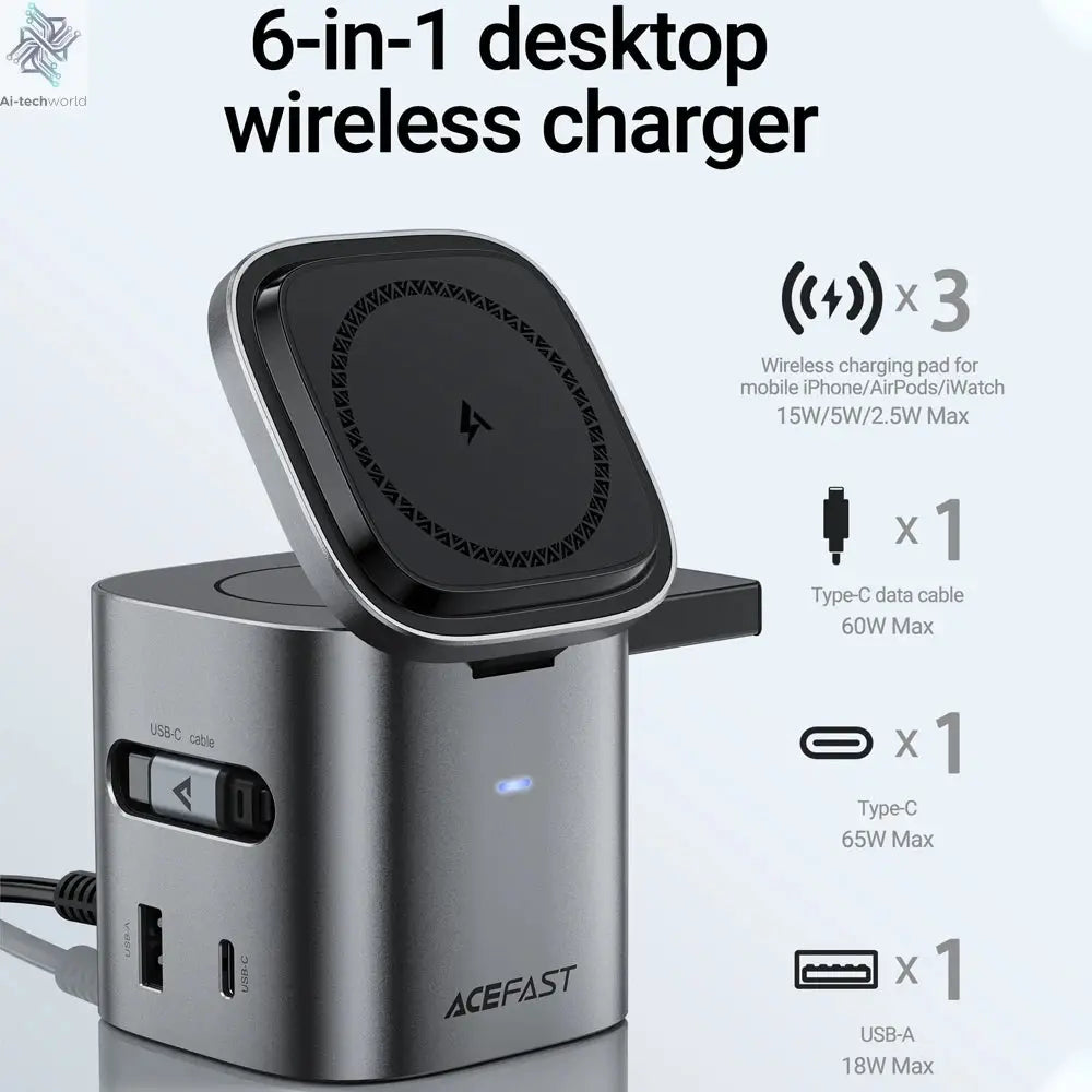 ACEFAST 6 in 1 Multifunction 15W Magnetic Wireless Charging Station For iPhone 16 15 GaN PD65W Charging Cube USB C Fast Charging Ai-TechWorld 
