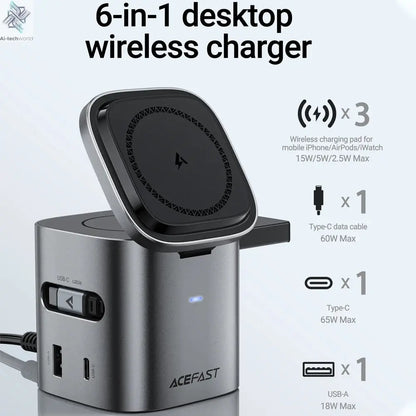 ACEFAST 6 in 1 Multifunction 15W Magnetic Wireless Charging Station For iPhone 16 15 GaN PD65W Charging Cube USB C Fast Charging Ai-TechWorld 