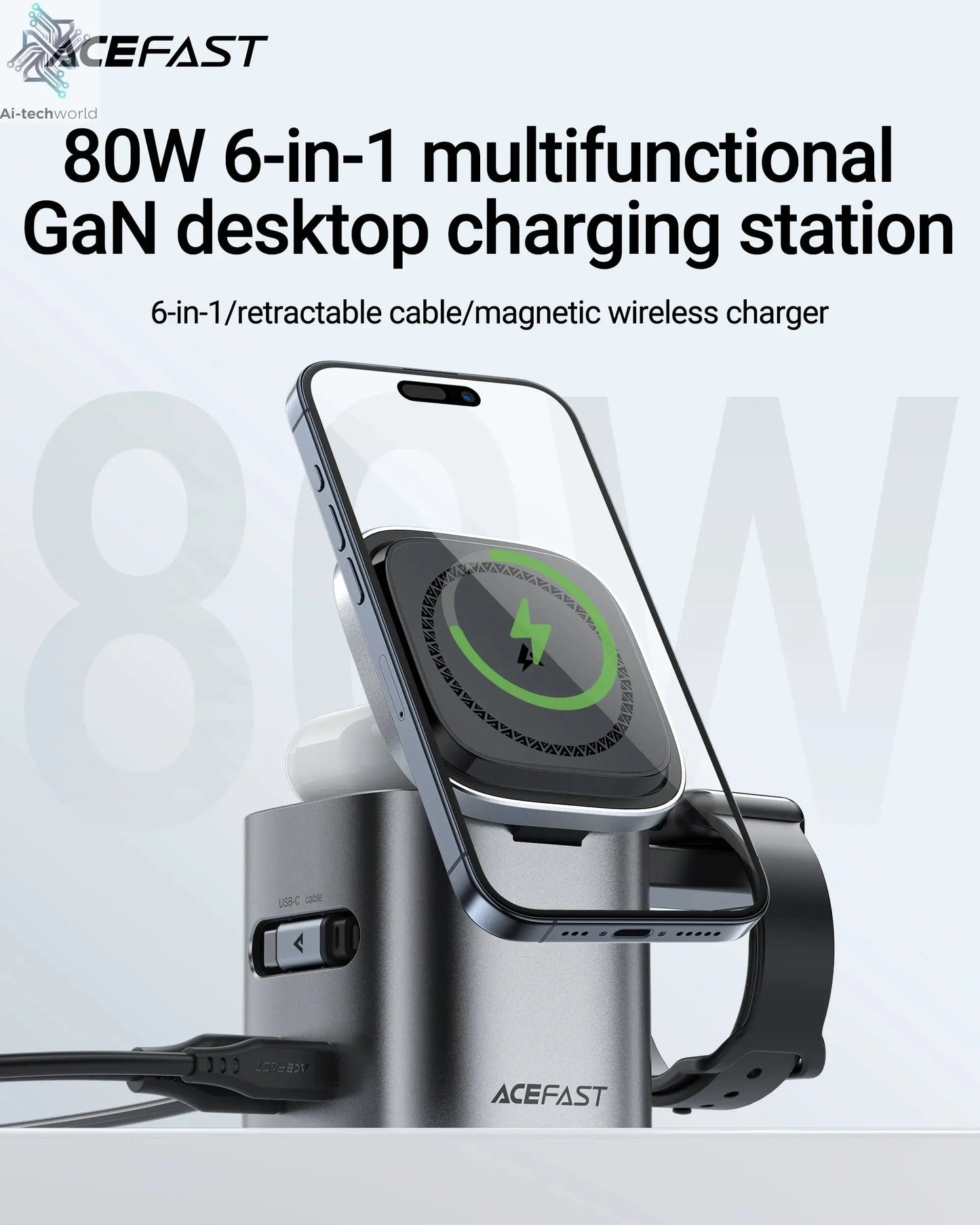 ACEFAST 6 in 1 Multifunction 15W Magnetic Wireless Charging Station For iPhone 16 15 GaN PD65W Charging Cube USB C Fast Charging Ai-TechWorld 