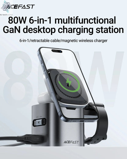 ACEFAST 6 in 1 Multifunction 15W Magnetic Wireless Charging Station For iPhone 16 15 GaN PD65W Charging Cube USB C Fast Charging Ai-TechWorld 