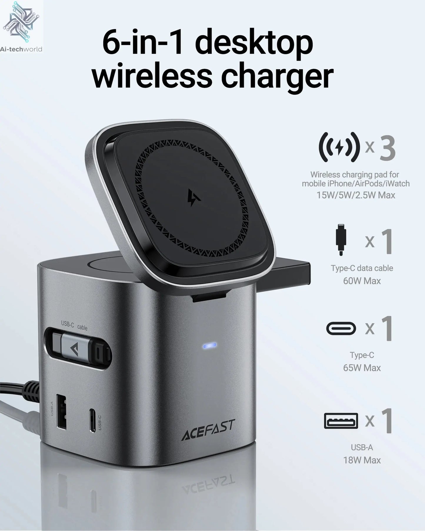 ACEFAST 6 in 1 Multifunction 15W Magnetic Wireless Charging Station For iPhone 16 15 GaN PD65W Charging Cube USB C Fast Charging Ai-TechWorld 