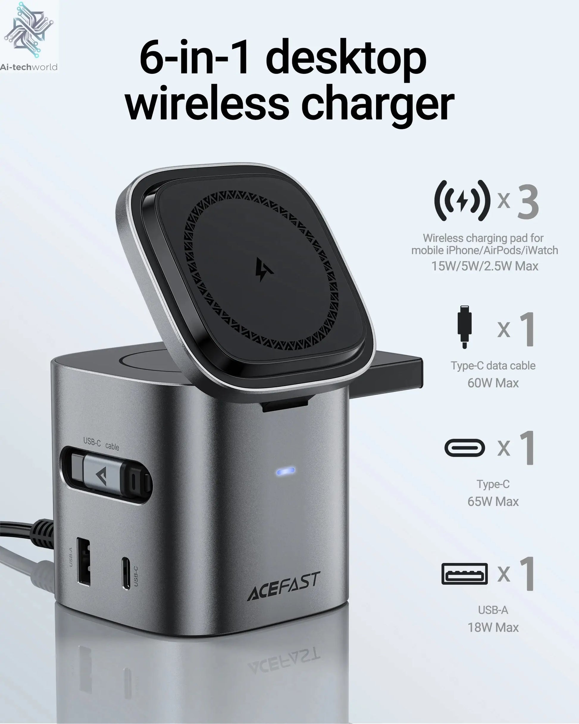 ACEFAST 6 in 1 Multifunction 15W Magnetic Wireless Charging Station For iPhone 16 15 GaN PD65W Charging Cube USB C Fast Charging Ai-TechWorld 