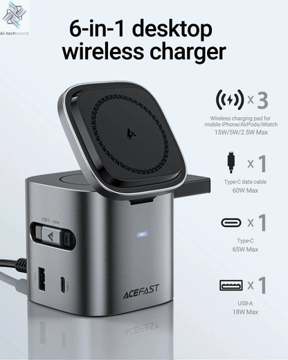 ACEFAST 6 in 1 Multifunction 15W Magnetic Wireless Charging Station For iPhone 16 15 GaN PD65W Charging Cube USB C Fast Charging Ai-TechWorld 