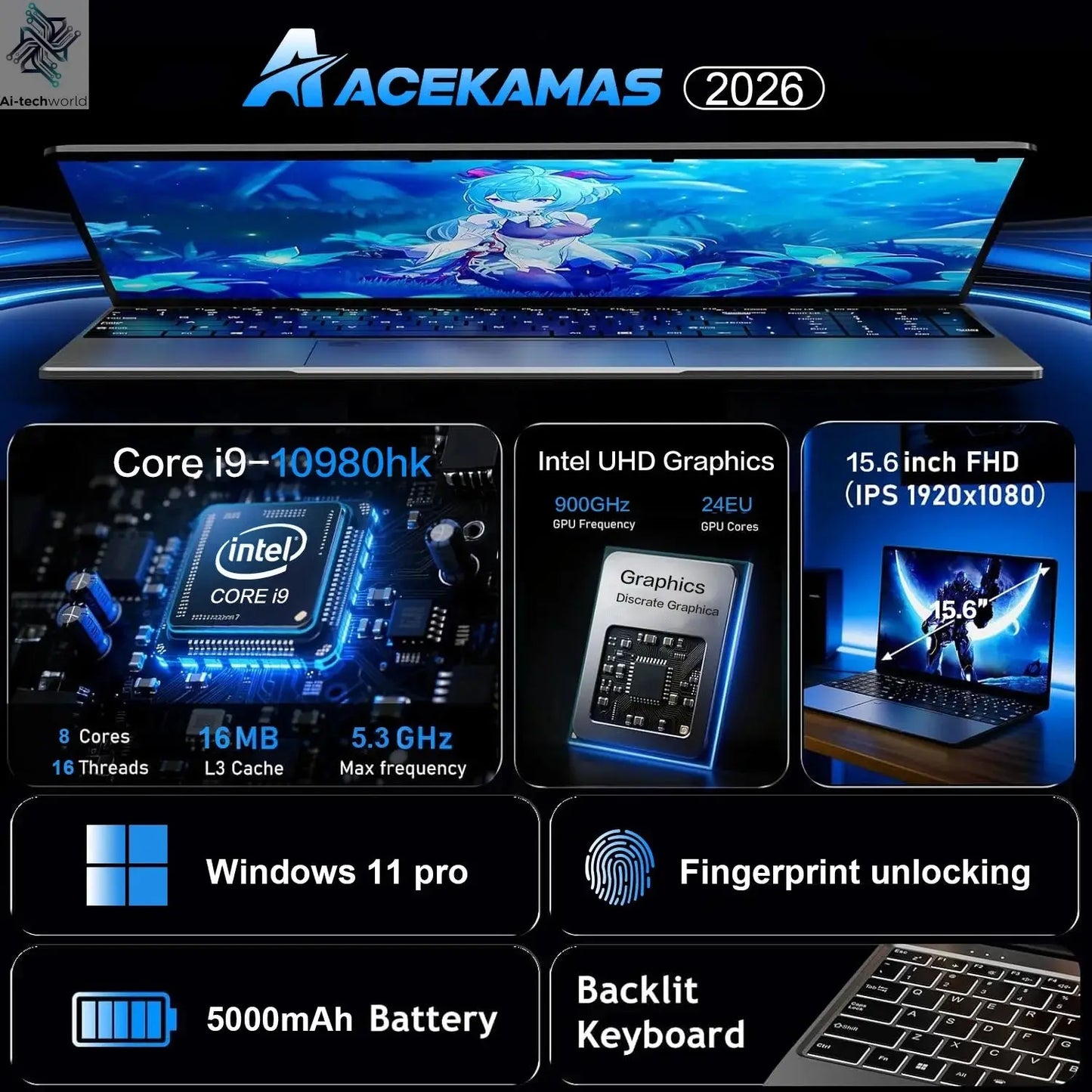 ACEKAMAS 15.6" Laptop Computer PC Intel Core i9 10980HK Windows 11 16GB RAM 1TB SSD Fingerprint Unlock Notebook Backlight Laptop Ai-TechWorld 