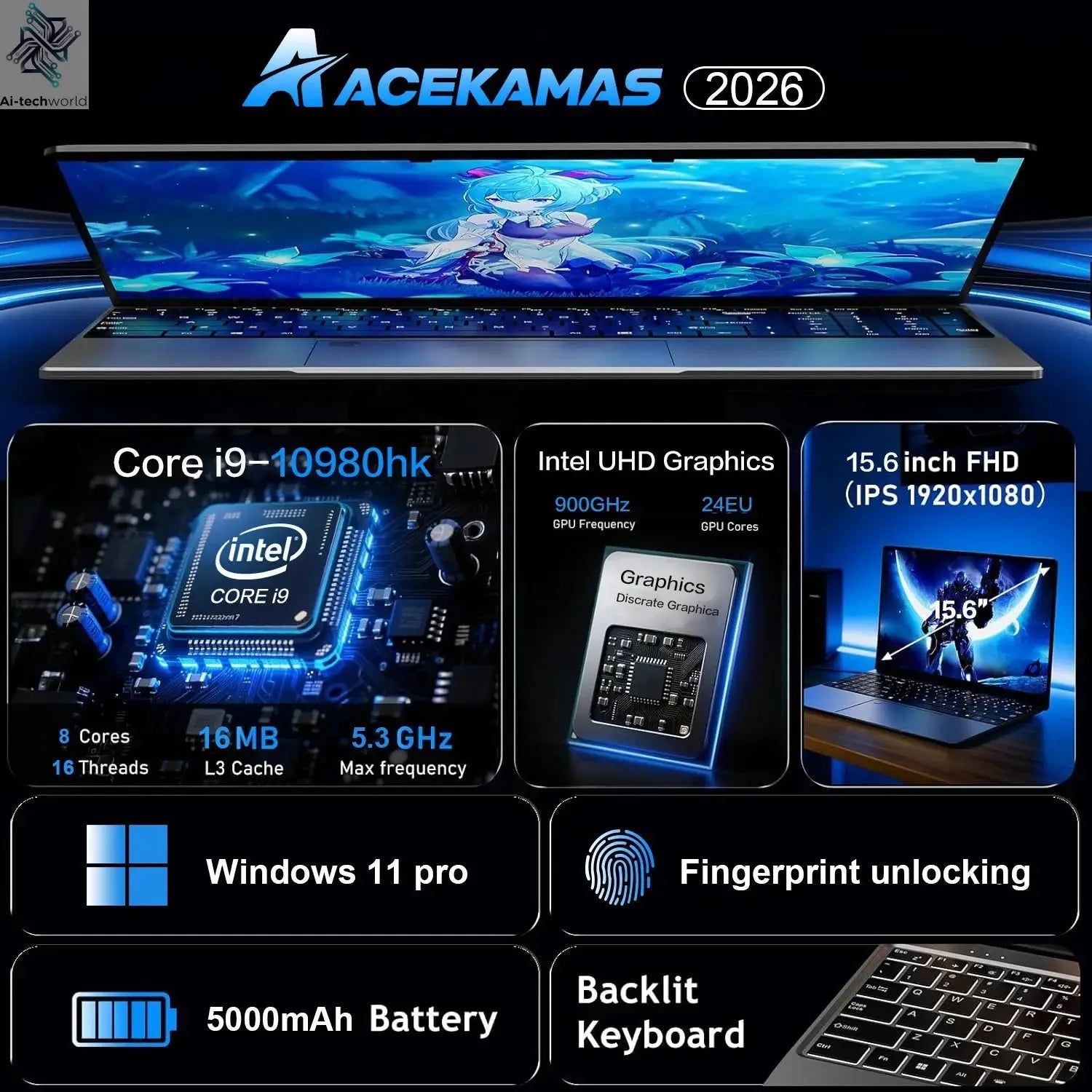 ACEKAMAS 15.6" Laptop Computer PC Intel Core i9 10980HK Windows 11 16GB RAM 1TB SSD Fingerprint Unlock Notebook Backlight Laptop Ai-TechWorld 