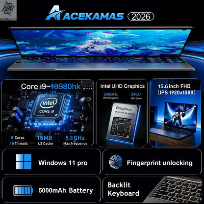 ACEKAMAS 15.6" Laptop Computer PC Intel Core i9 10980HK Windows 11 16GB RAM 1TB SSD Fingerprint Unlock Notebook Backlight Laptop Ai-TechWorld 