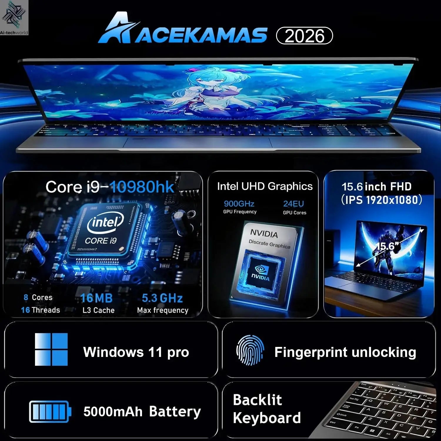 ACEKAMAS 15.6" Laptop Computer PC Intel Core i9 10980HK Windows 11 16GB RAM 1TB SSD Fingerprint Unlock Notebook Backlight Laptop Ai-TechWorld 