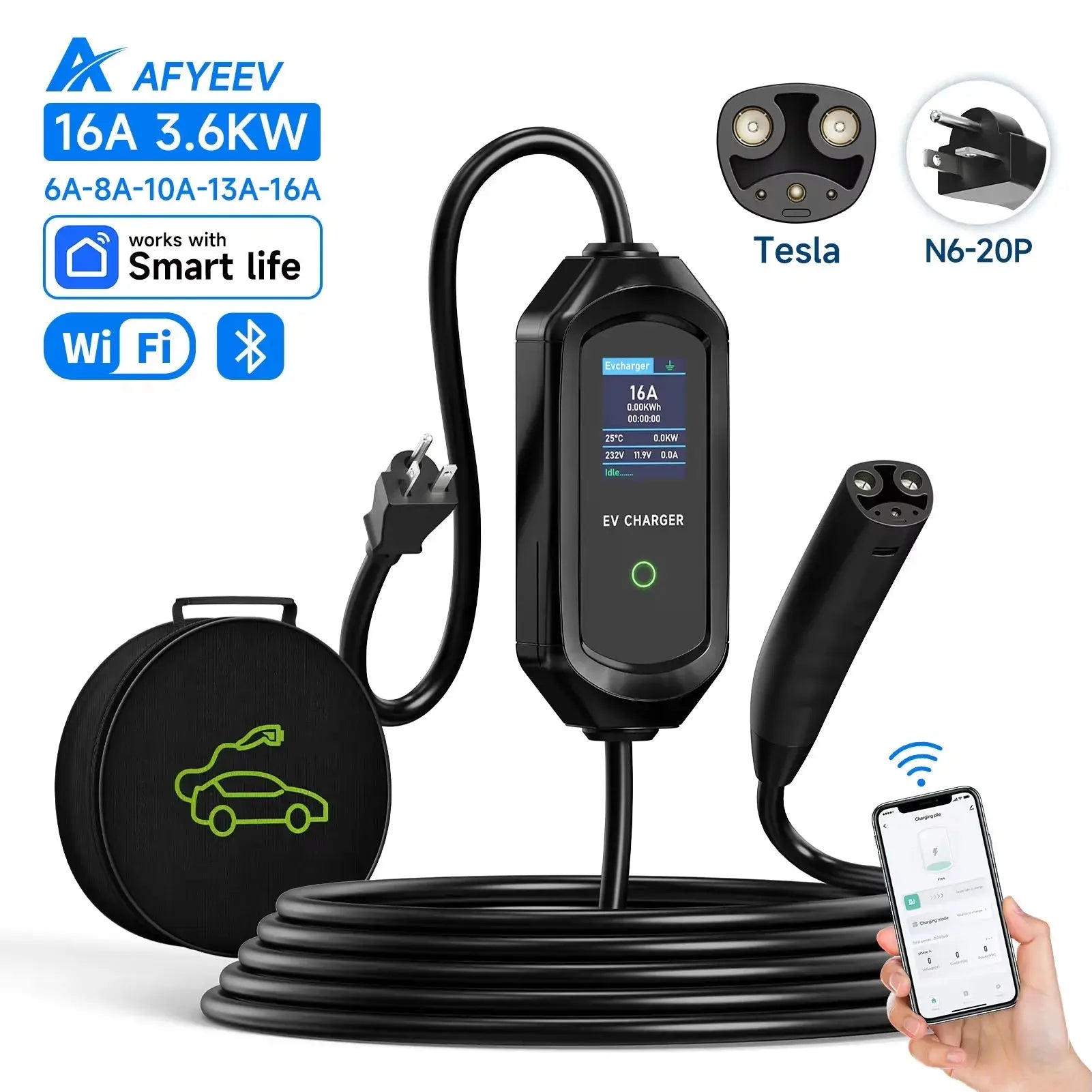 AFYEEV 16A/32A Portable EV Charger For Tesla EVSE Charging Box EU US CEE Plug Electric Car Charger For Tesla Model X/Y/S/3 Ai-TechWorld 