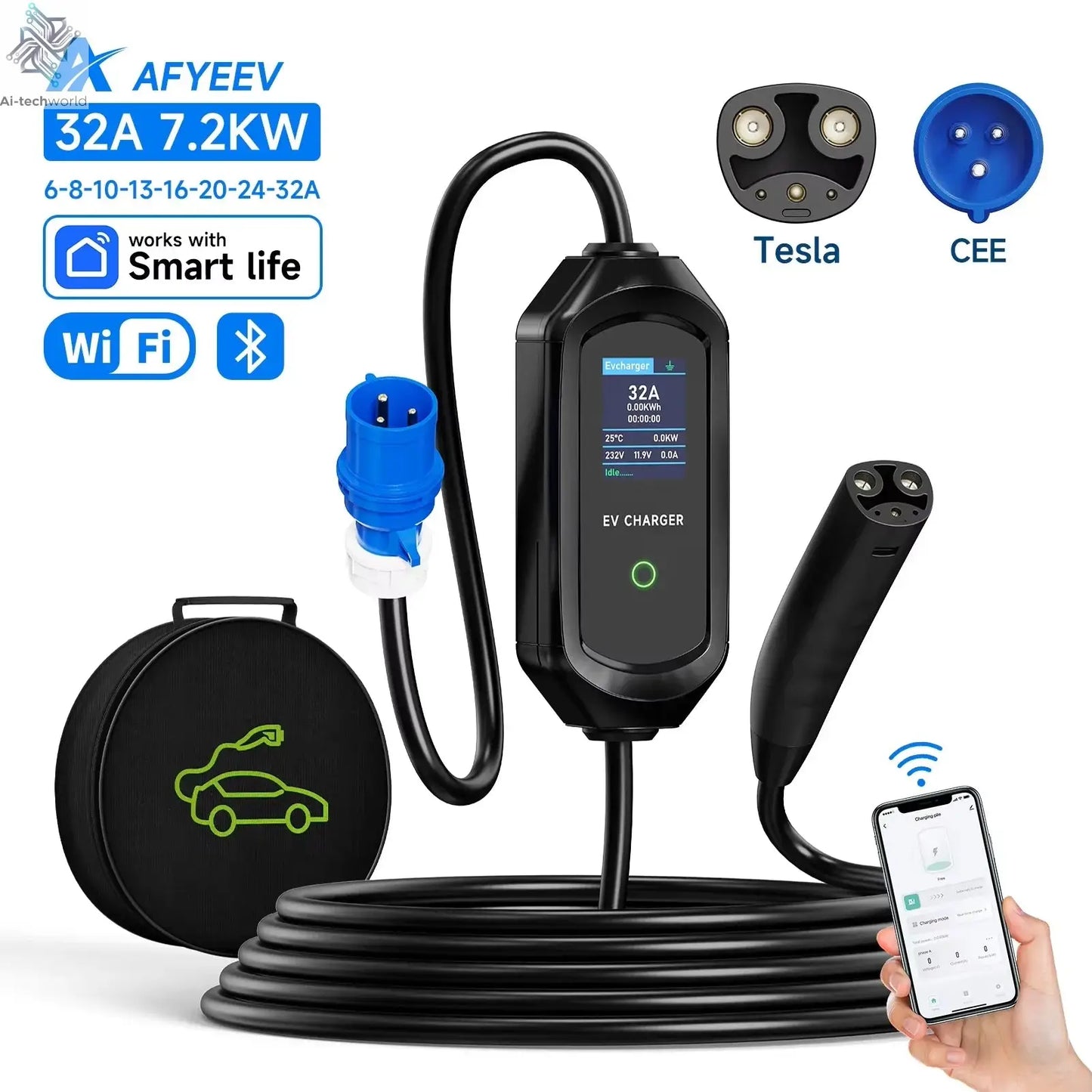 AFYEEV 16A/32A Portable EV Charger For Tesla EVSE Charging Box EU US CEE Plug Electric Car Charger For Tesla Model X/Y/S/3 Ai-TechWorld 