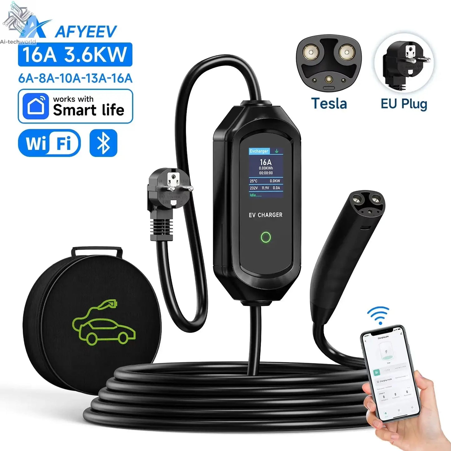 AFYEEV 16A/32A Portable EV Charger For Tesla EVSE Charging Box EU US CEE Plug Electric Car Charger For Tesla Model X/Y/S/3 Ai-TechWorld 