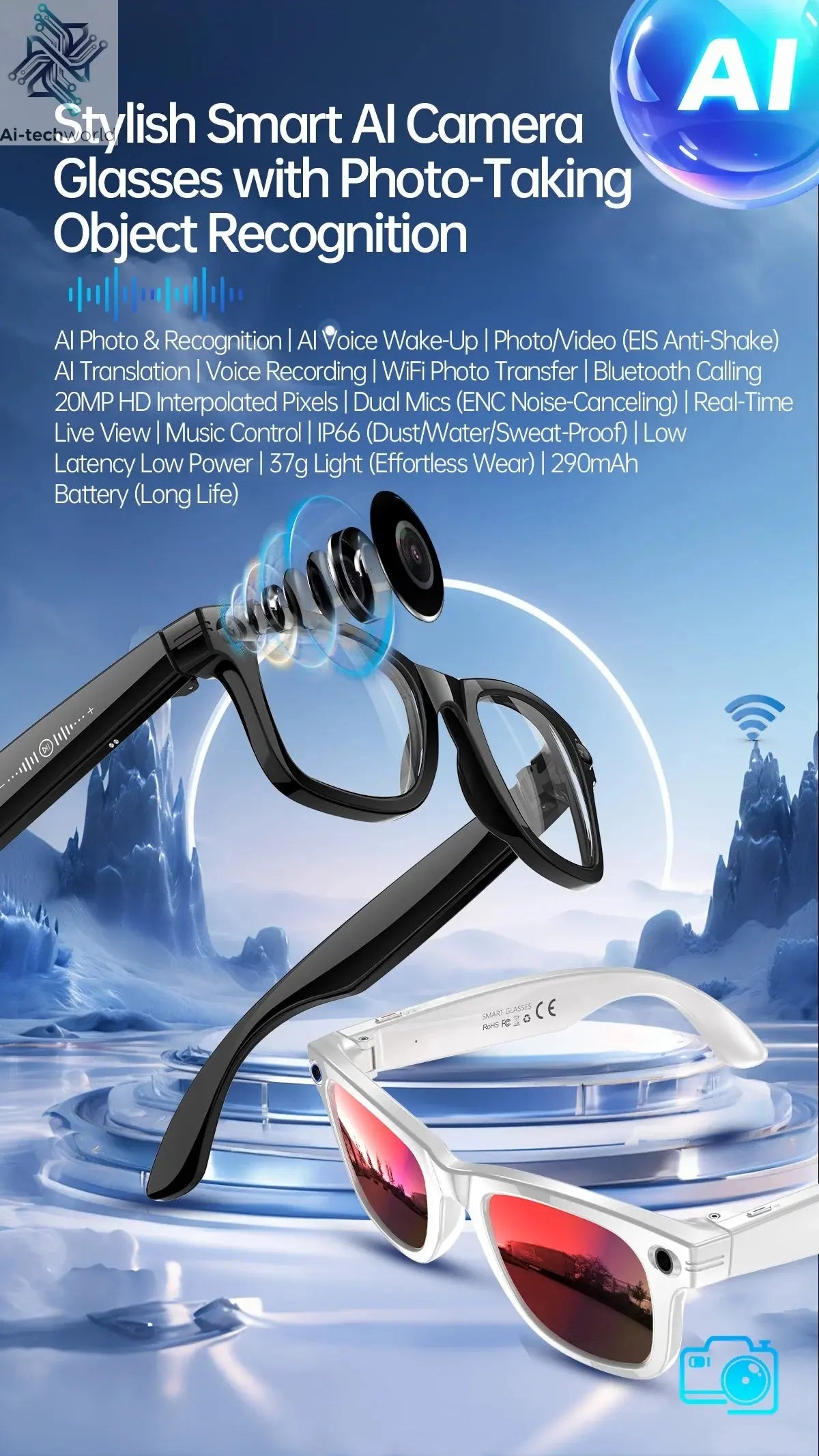 AI Smart Glasses 5 Million Pixels Recording Videos Photo Recognition Answer Translation 290mAh IP66 Waterproof Bluetooth Glasses Ai-TechWorld 