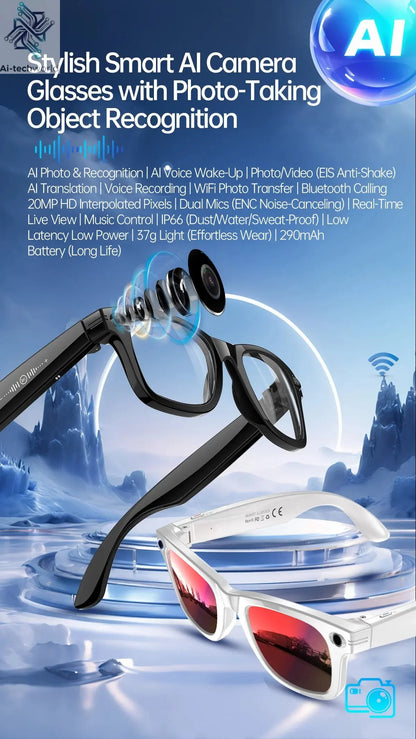 AI Smart Glasses 5 Million Pixels Recording Videos Photo Recognition Answer Translation 290mAh IP66 Waterproof Bluetooth Glasses Ai-TechWorld 