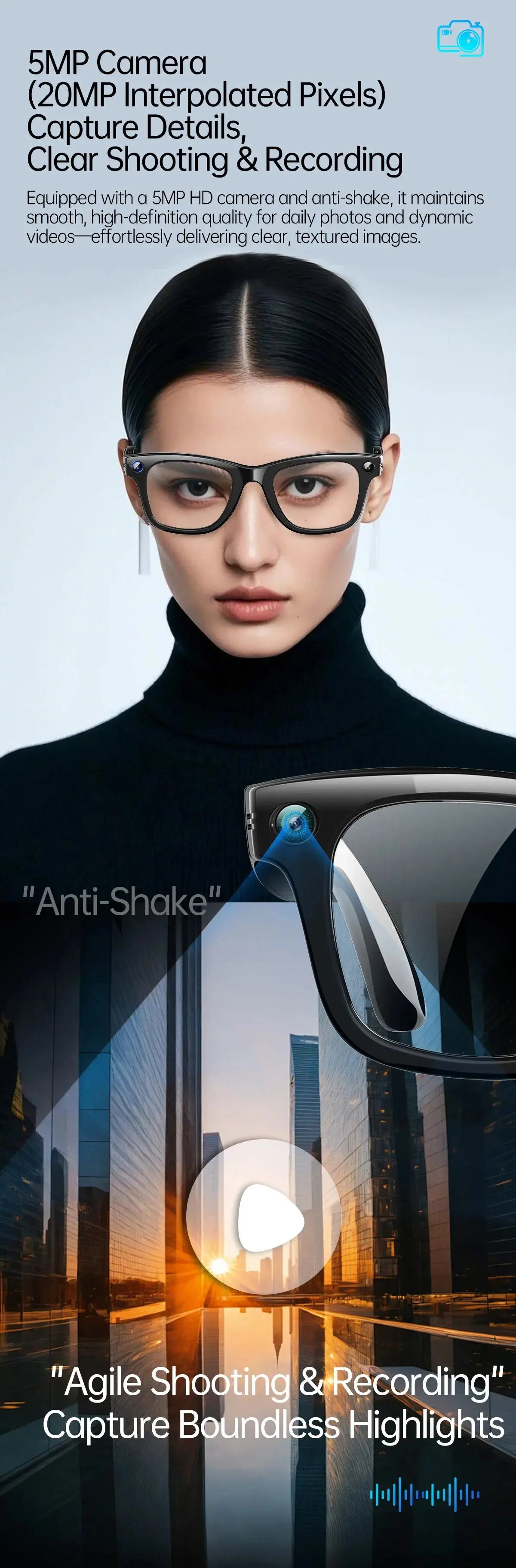 AI Smart Glasses 5 Million Pixels Recording Videos Photo Recognition Answer Translation 290mAh IP66 Waterproof Bluetooth Glasses Ai-TechWorld 