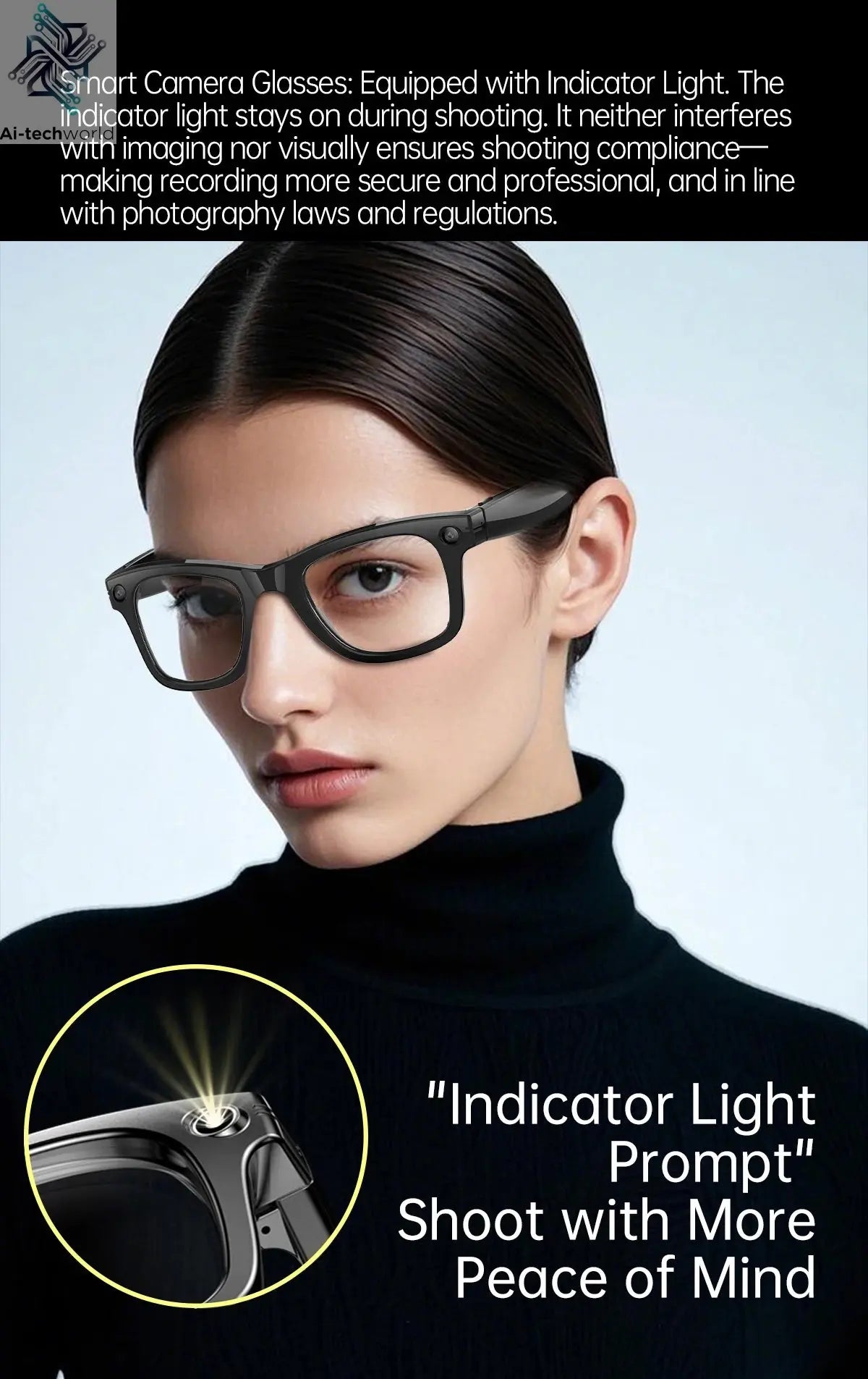 AI Smart Glasses 5 Million Pixels Recording Videos Photo Recognition Answer Translation 290mAh IP66 Waterproof Bluetooth Glasses Ai-TechWorld 