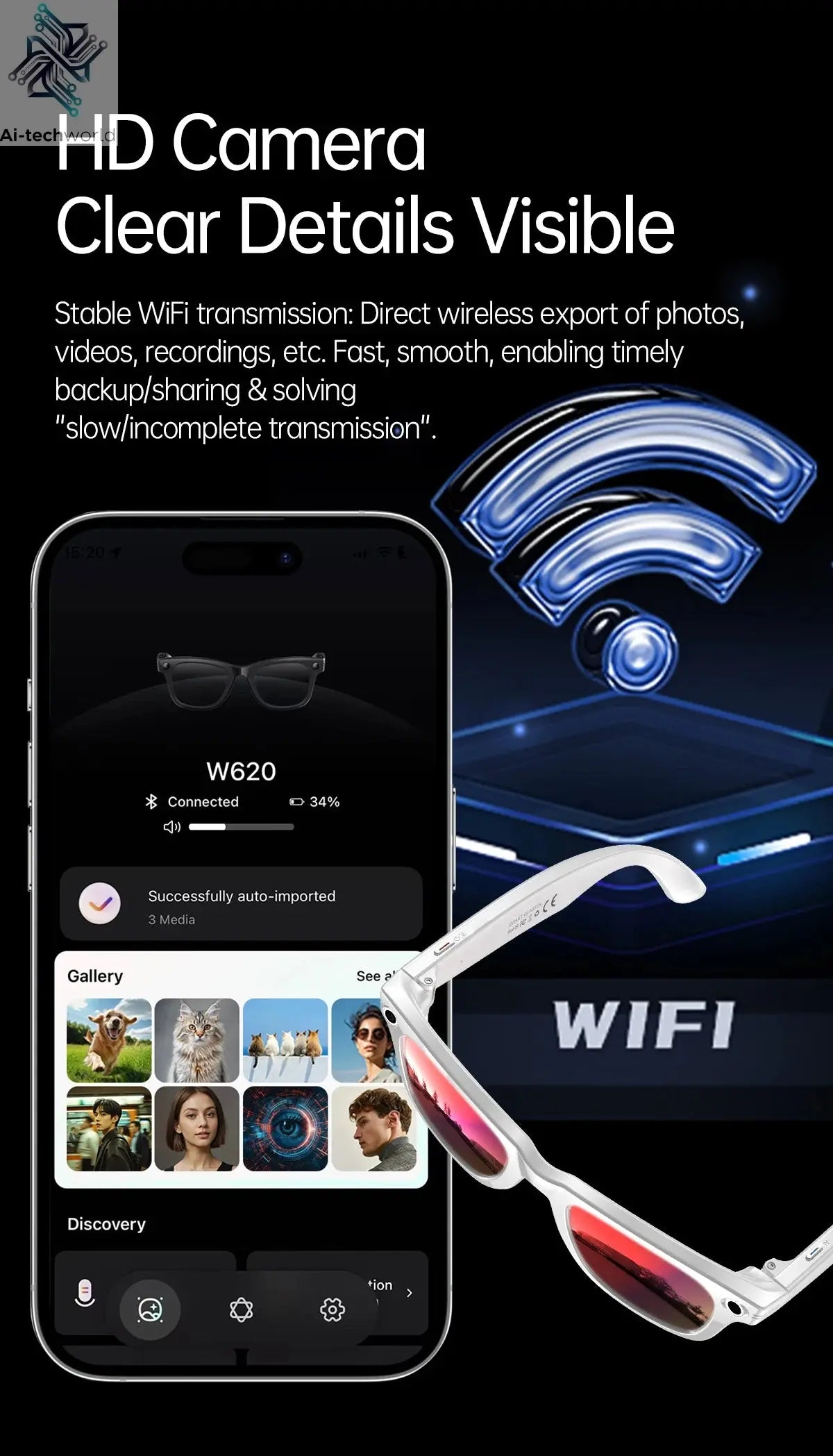 AI Smart Glasses 5 Million Pixels Recording Videos Photo Recognition Answer Translation 290mAh IP66 Waterproof Bluetooth Glasses Ai-TechWorld 