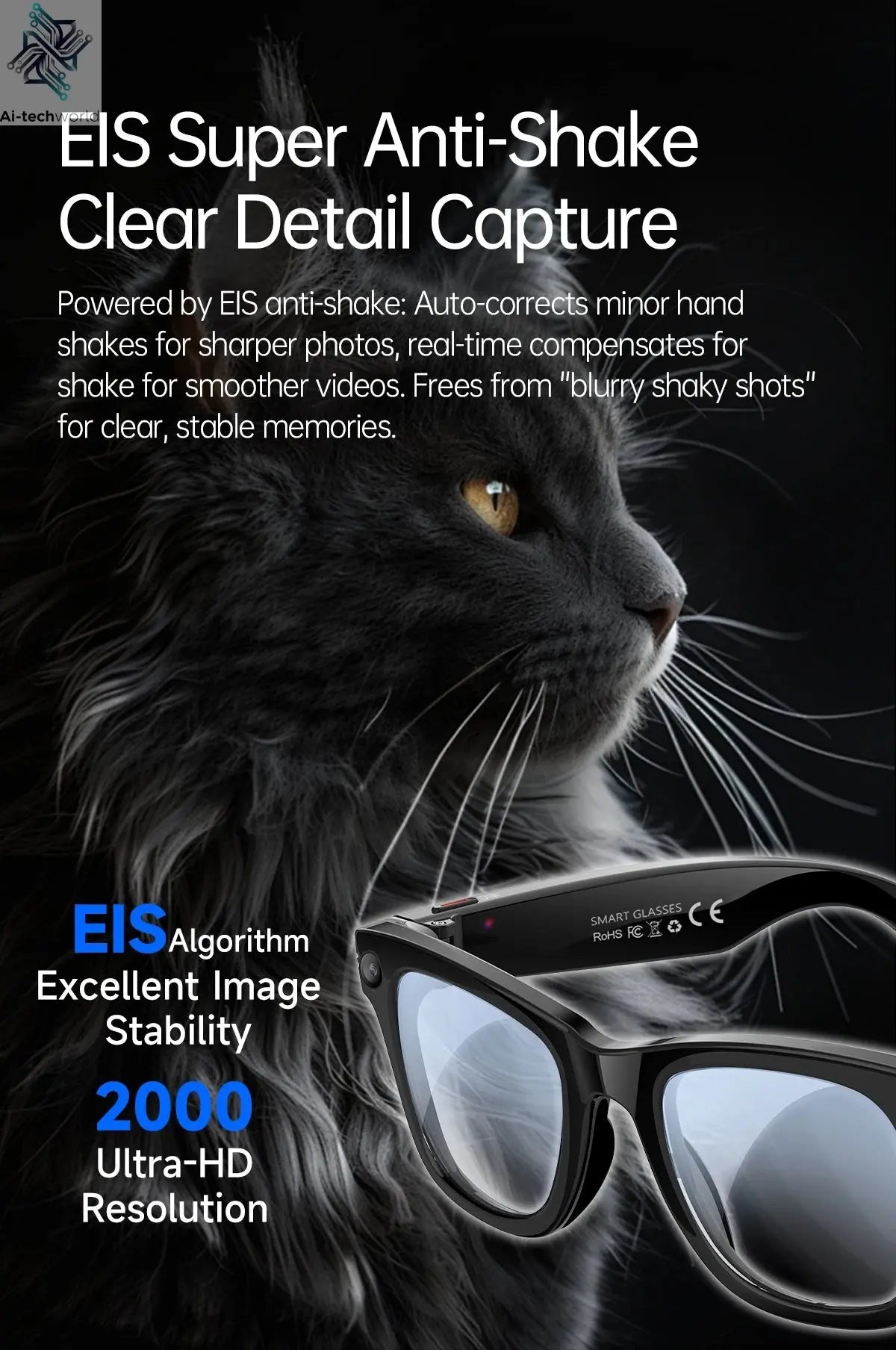 AI Smart Glasses 5 Million Pixels Recording Videos Photo Recognition Answer Translation 290mAh IP66 Waterproof Bluetooth Glasses Ai-TechWorld 