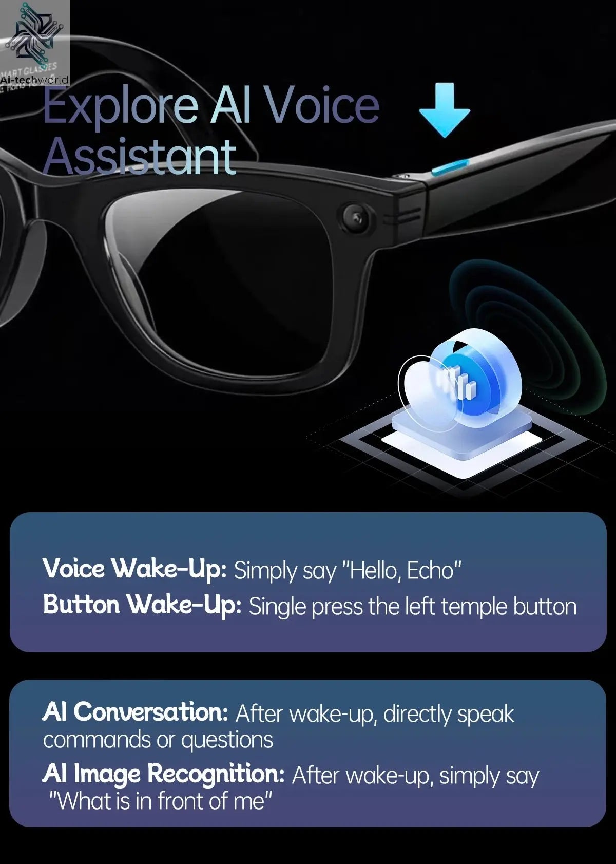 AI Smart Glasses 5 Million Pixels Recording Videos Photo Recognition Answer Translation 290mAh IP66 Waterproof Bluetooth Glasses Ai-TechWorld 