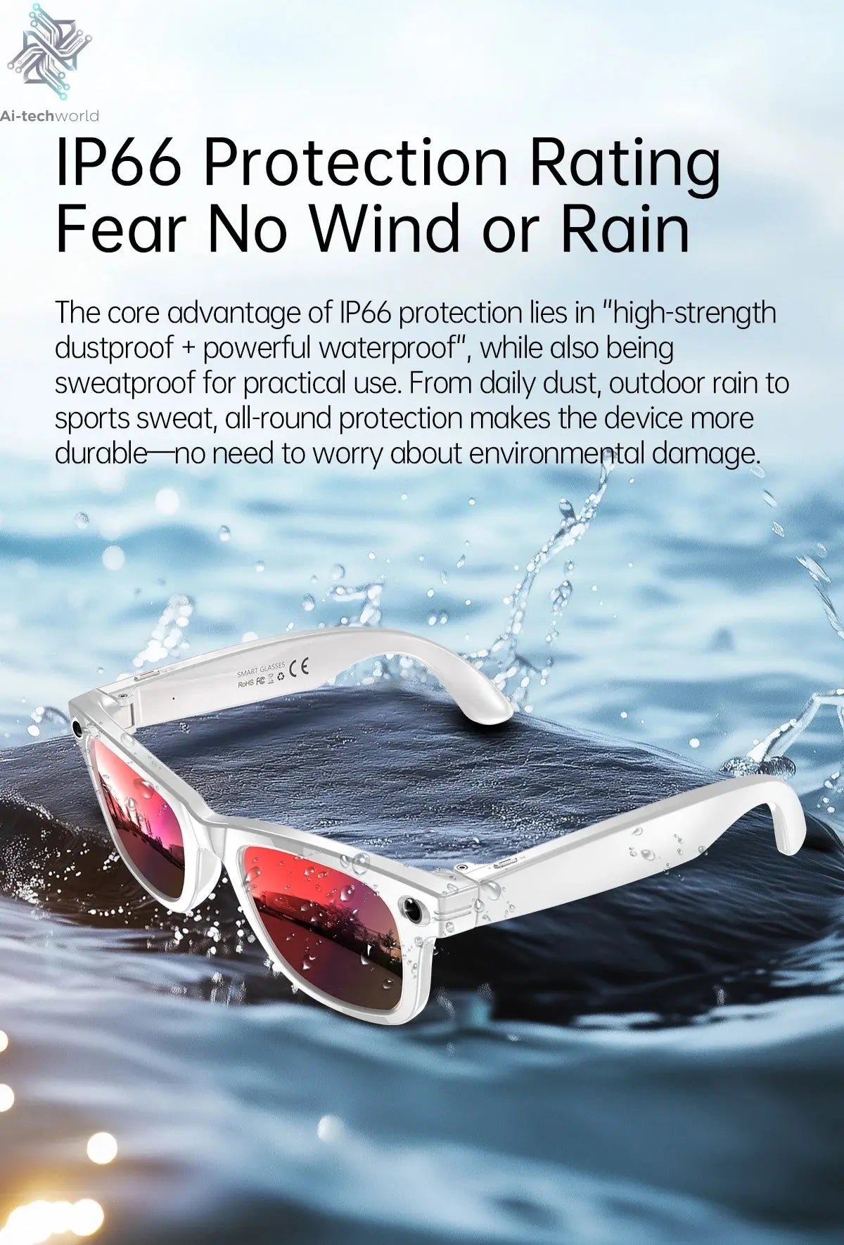 AI Smart Glasses 5 Million Pixels Recording Videos Photo Recognition Answer Translation 290mAh IP66 Waterproof Bluetooth Glasses Ai-TechWorld 