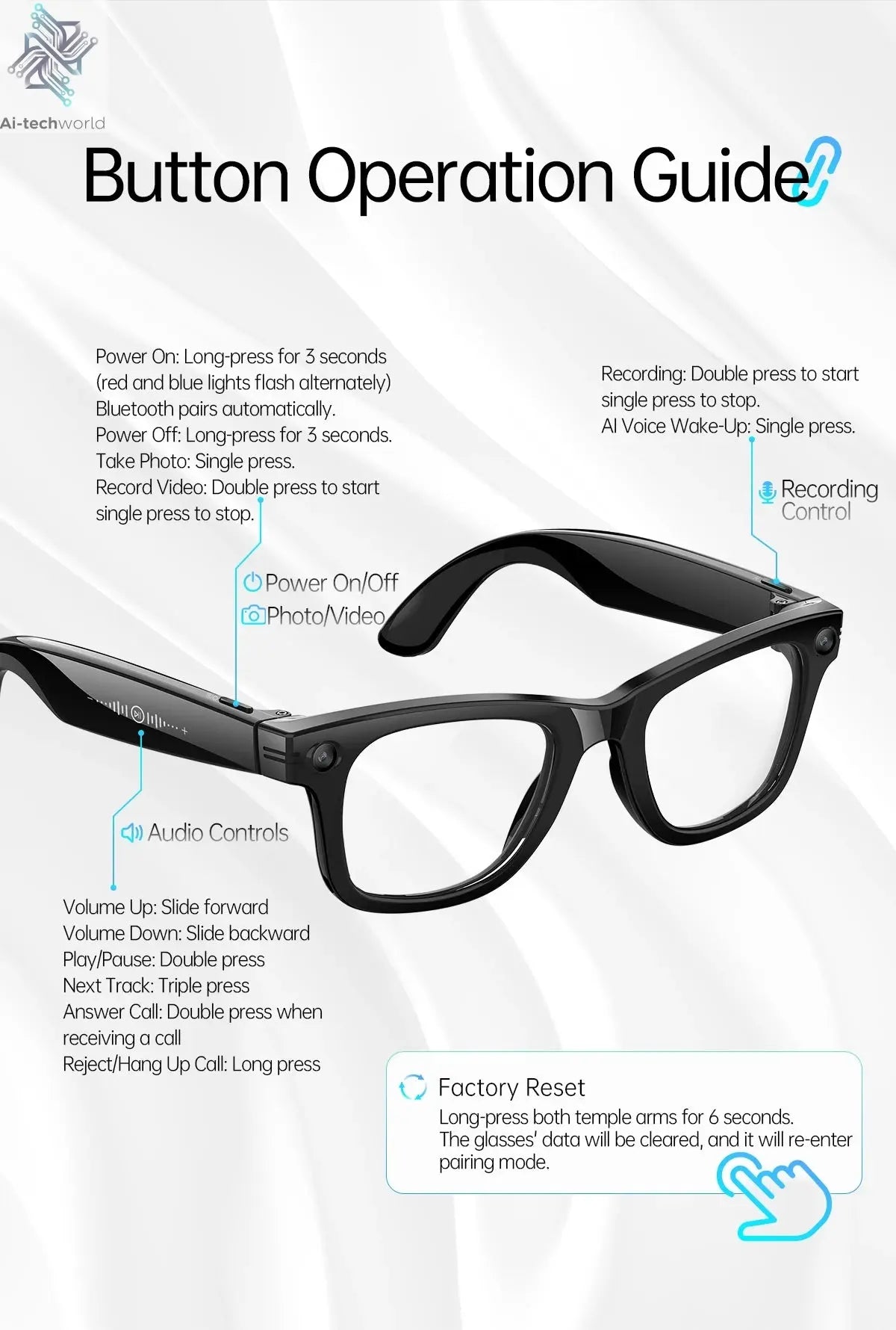 AI Smart Glasses 5 Million Pixels Recording Videos Photo Recognition Answer Translation 290mAh IP66 Waterproof Bluetooth Glasses Ai-TechWorld 