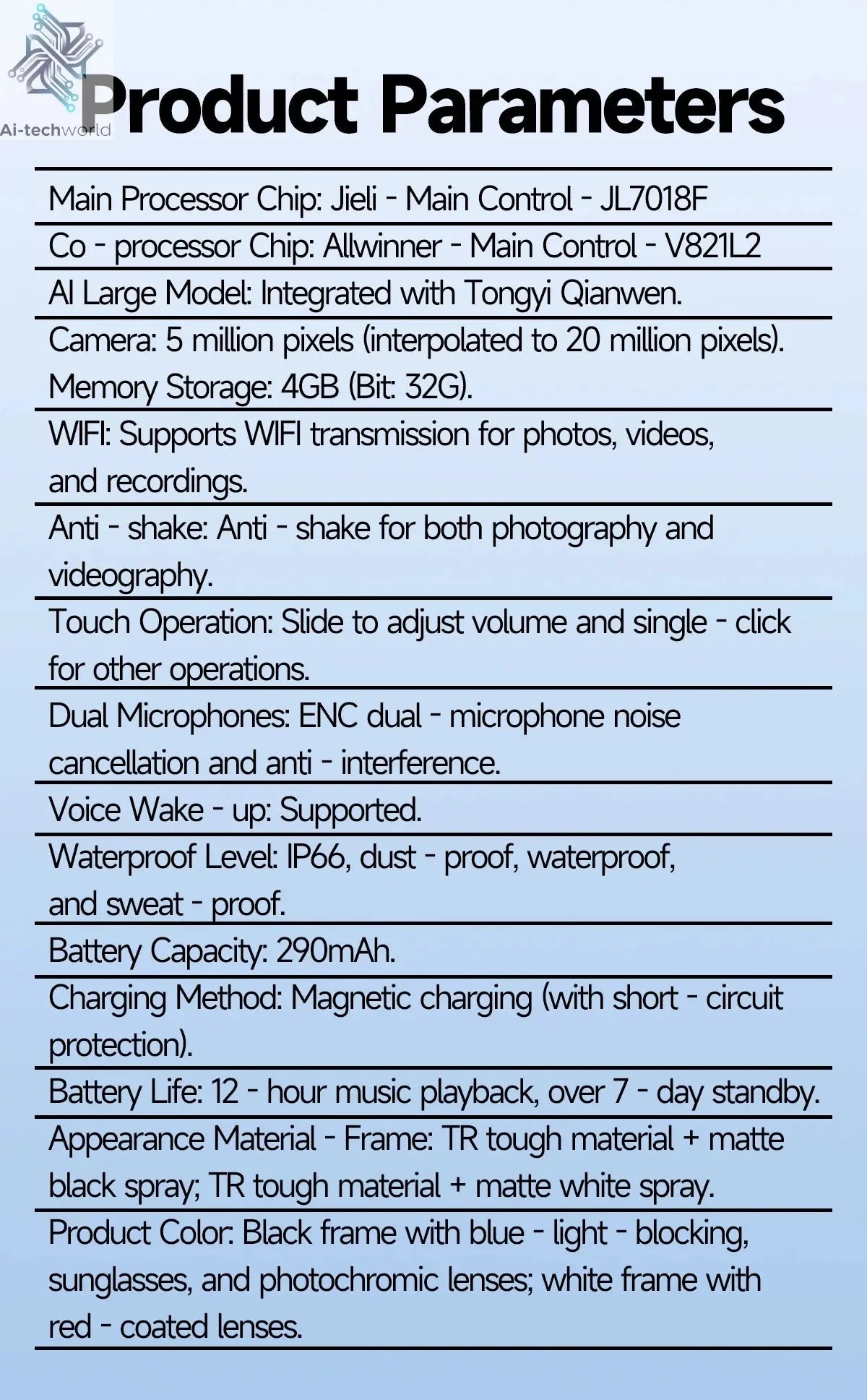 AI Smart Glasses 5 Million Pixels Recording Videos Photo Recognition Answer Translation 290mAh IP66 Waterproof Bluetooth Glasses Ai-TechWorld 
