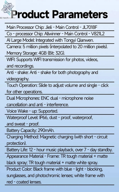 AI Smart Glasses 5 Million Pixels Recording Videos Photo Recognition Answer Translation 290mAh IP66 Waterproof Bluetooth Glasses Ai-TechWorld 