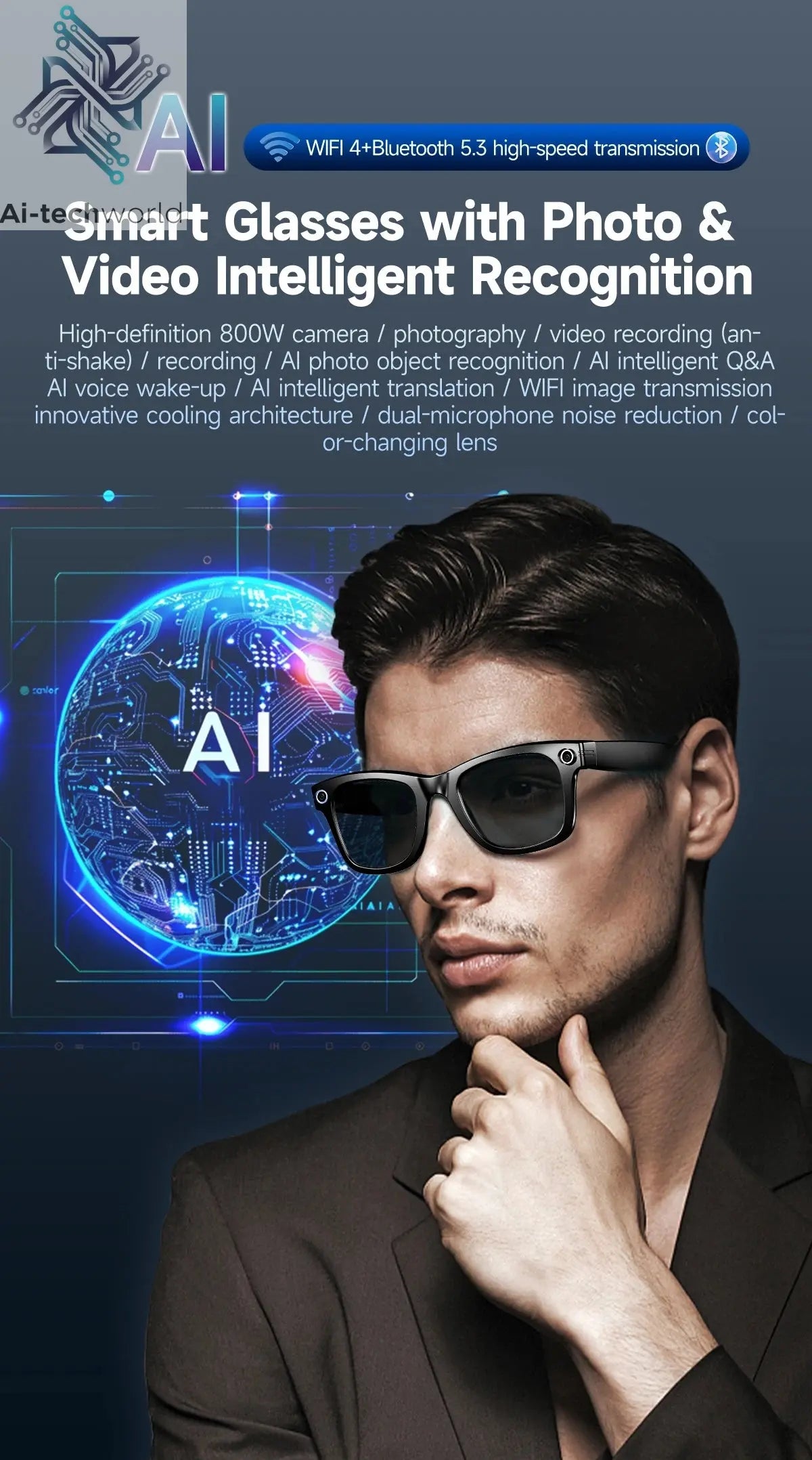 AI Smart Glasses with 8MP Camera Video Recording 100+ Languages Translation Sunglasses Bluetooth Call Music Play Men Women 2025 Ai-TechWorld 