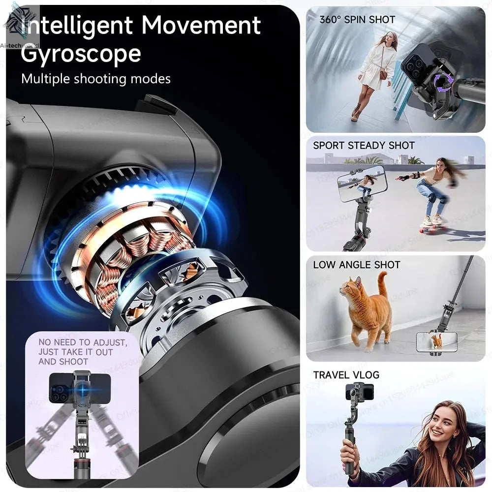 AI Tracking Deskpot Gimbal Tripod with Extendable Selfie Stick for Moble Phones Vlog, 360° Rotational Shoot with Wireless Remote Ai-TechWorld 
