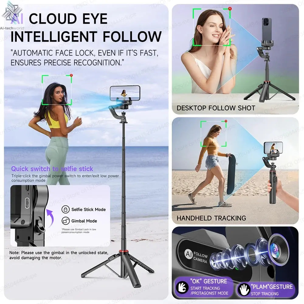 AI Tracking Deskpot Gimbal Tripod with Extendable Selfie Stick for Moble Phones Vlog, 360° Rotational Shoot with Wireless Remote Ai-TechWorld 