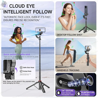AI Tracking Deskpot Gimbal Tripod with Extendable Selfie Stick for Moble Phones Vlog, 360° Rotational Shoot with Wireless Remote Ai-TechWorld 