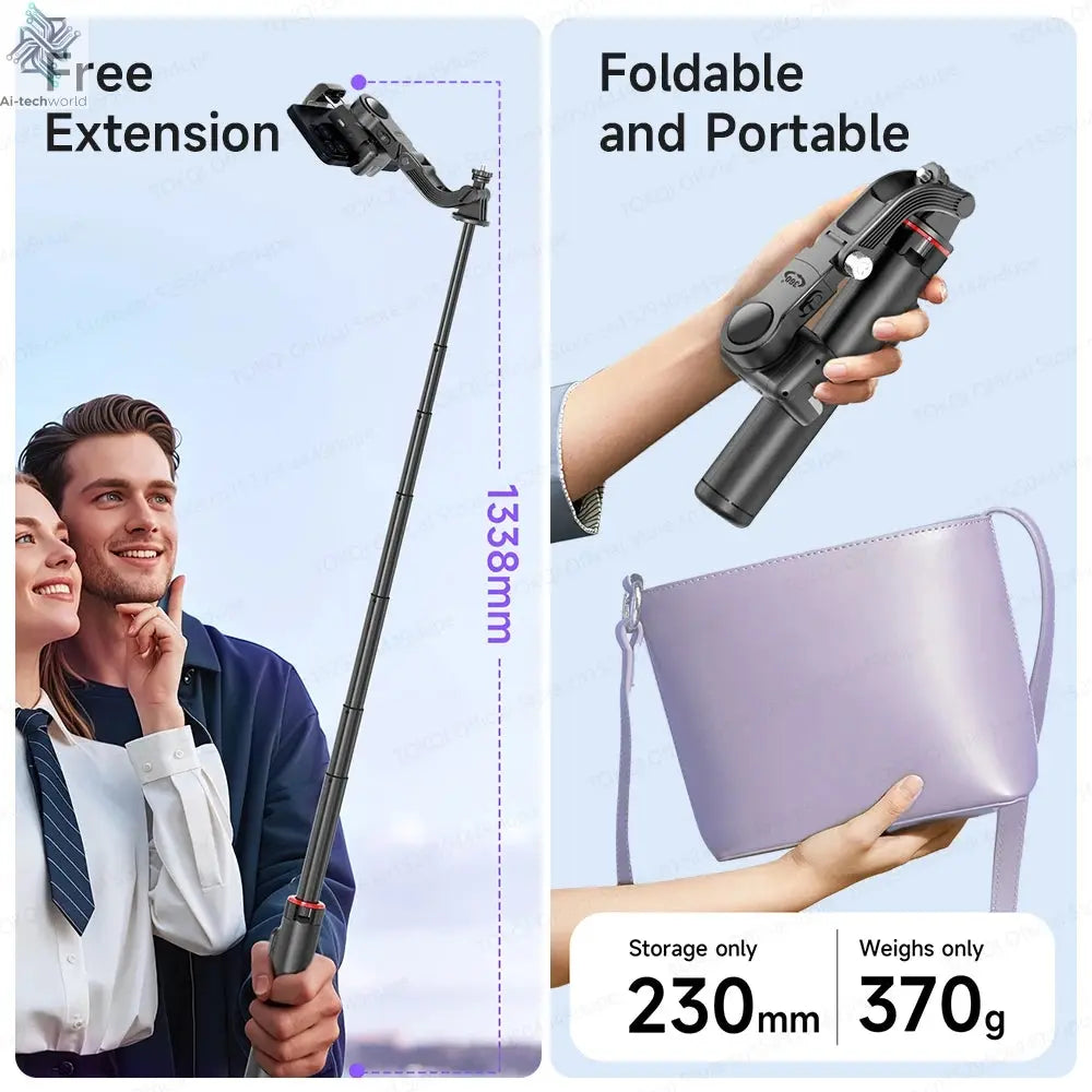 AI Tracking Deskpot Gimbal Tripod with Extendable Selfie Stick for Moble Phones Vlog, 360° Rotational Shoot with Wireless Remote Ai-TechWorld 