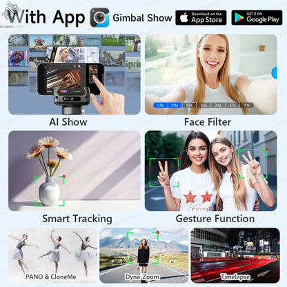 AI Tracking Deskpot Gimbal Tripod with Extendable Selfie Stick for Moble Phones Vlog, 360° Rotational Shoot with Wireless Remote Ai-TechWorld 